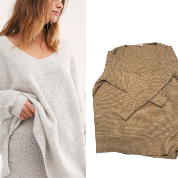 Perfect Free People C.O.M.F.Y. Pullover camel tan waffle V-neck Sweater - Picture 1 of 11